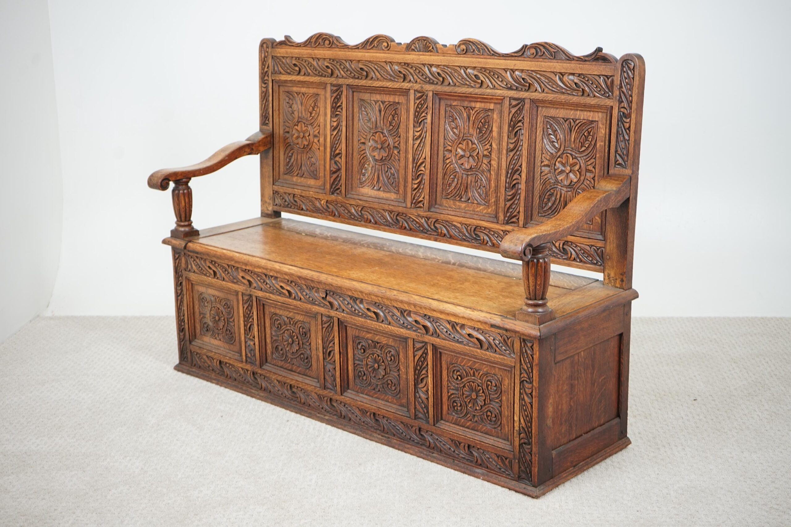 Victorian Carved Oak High Back Hall Seat, Bench - Scotland 1880- F-1594 - Image 10