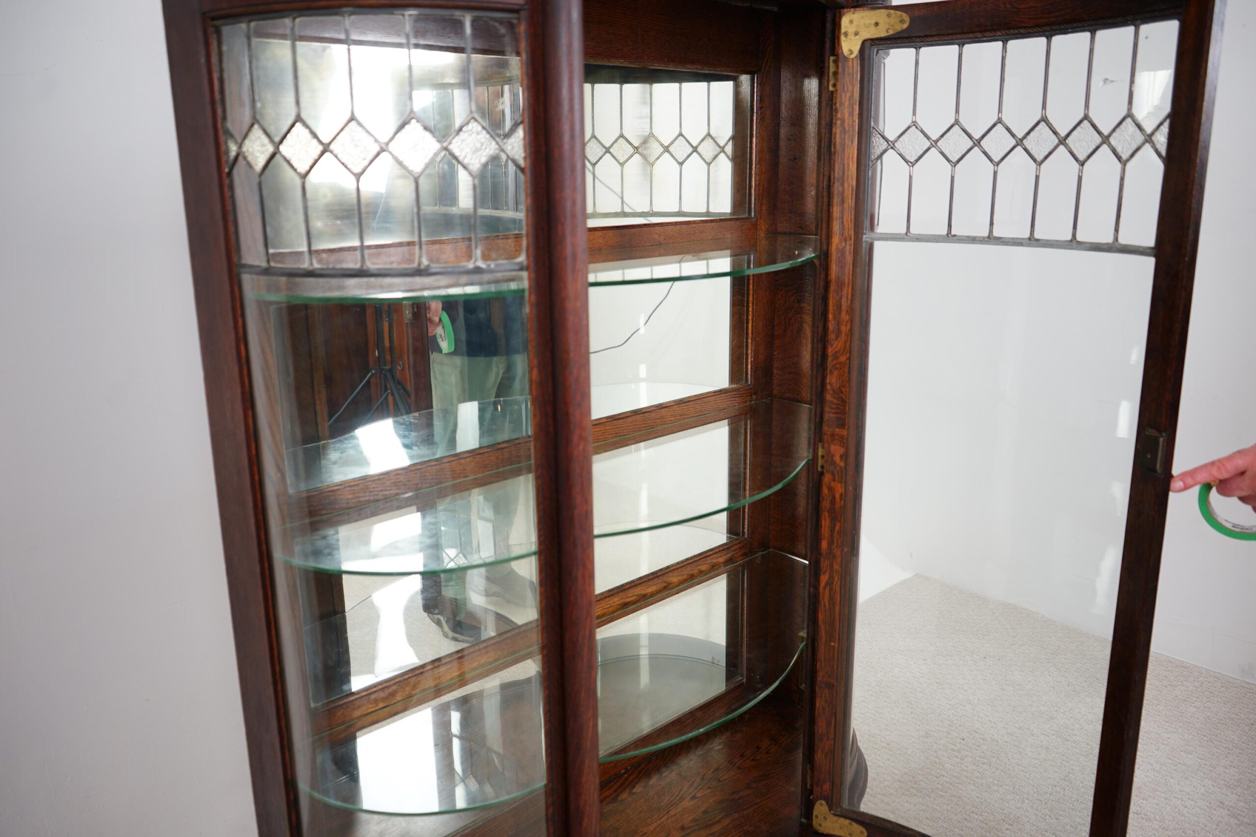 Antique Oak Triple Carved Glass China Cabinet, Leaded Glass, Diamond Pattern F-1576 - Image 7