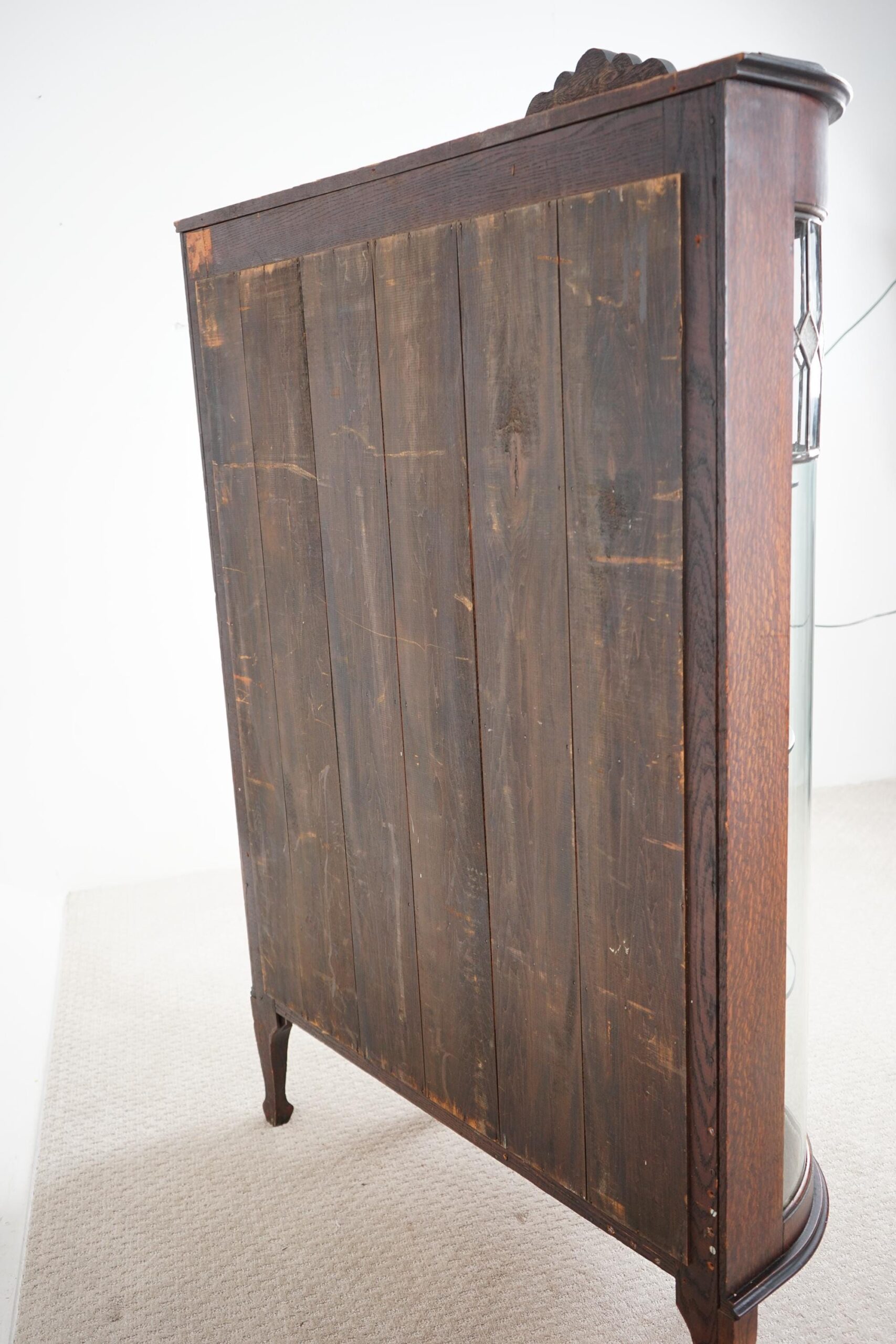 Antique Oak Triple Carved Glass China Cabinet, Leaded Glass, Diamond Pattern F-1576 - Image 11