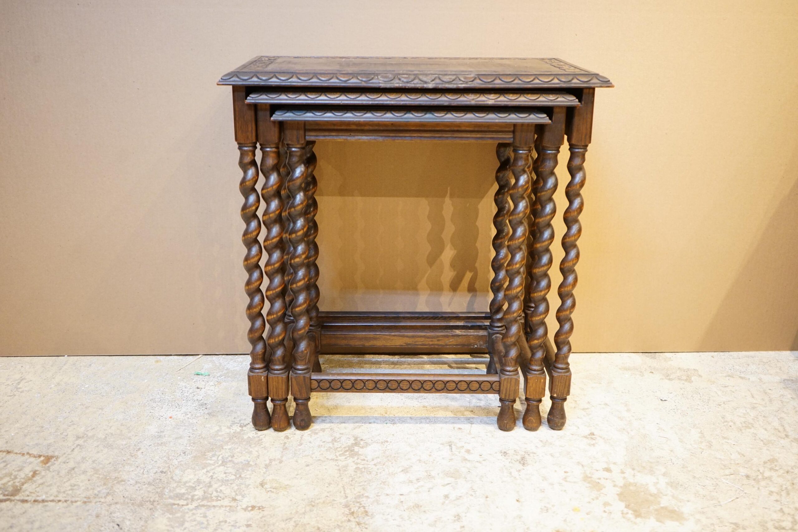 vintage Carved Oak Barley Twist Nesting Table Scotland 1920 F-1541