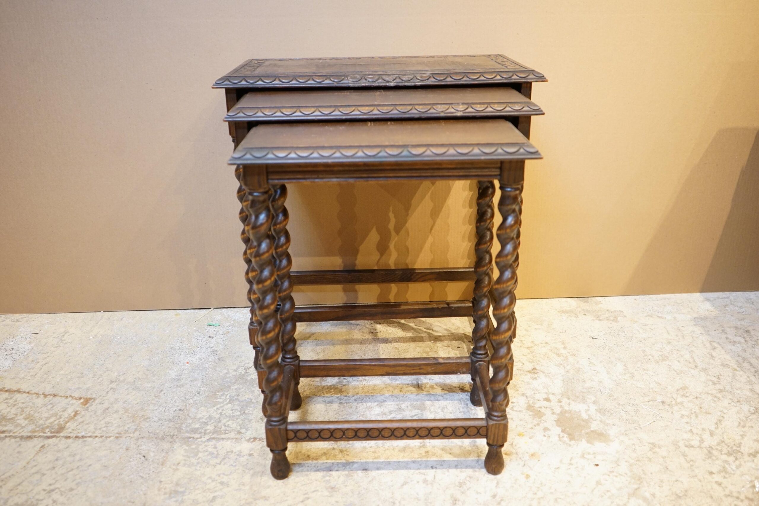 vintage Carved Oak Barley Twist Nesting Table Scotland 1920 F-1541 - Image 2