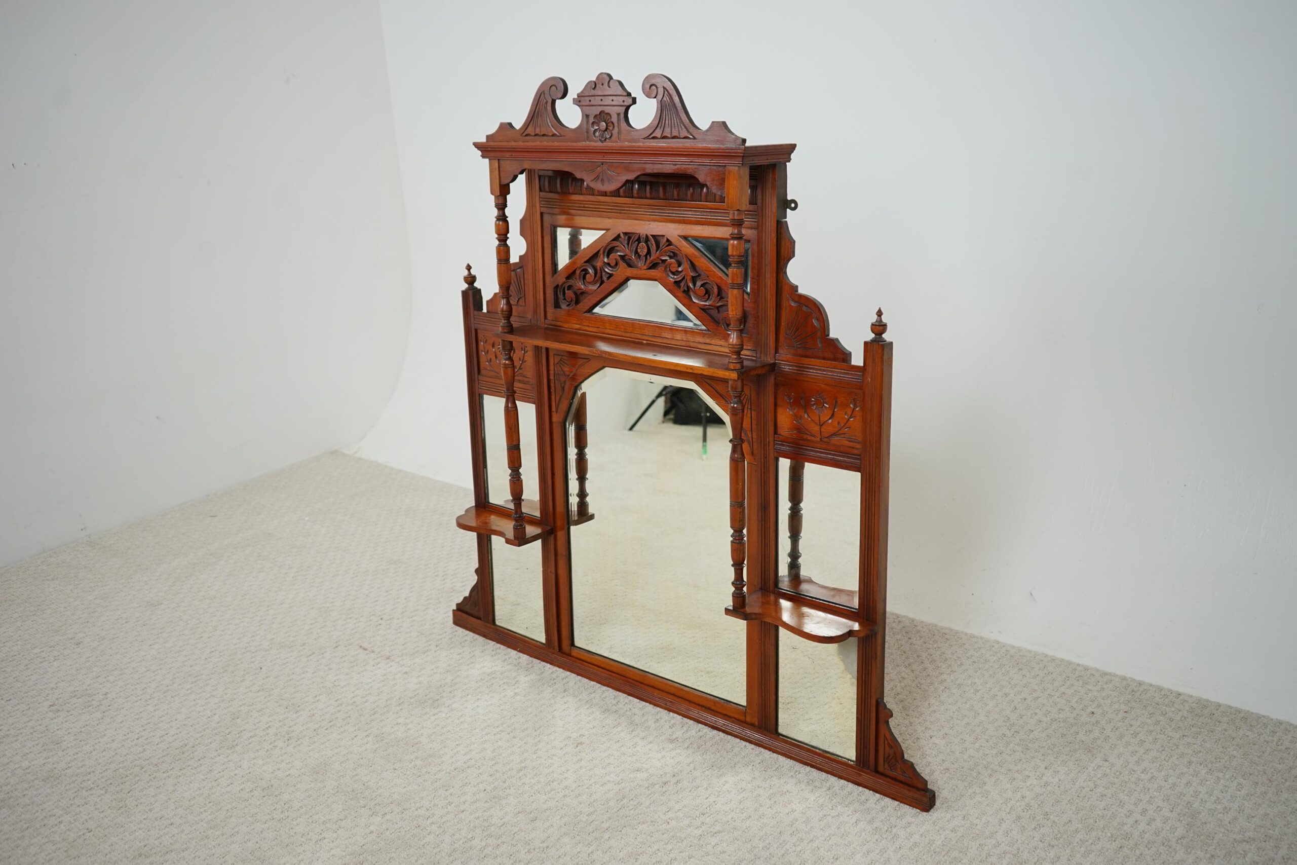 Victorian Carved Walnut Over Mantle Mirror/Shelves Scotland 1880 F-1616 - Image 3