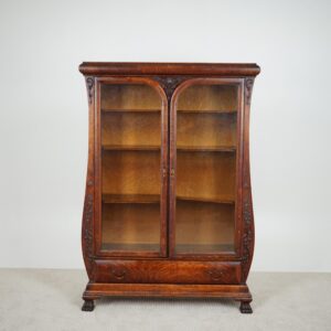 Anitique American Carved Tiger Oak Glass Front Bookcase, Display Cabinet, Urn Shaped F-1577