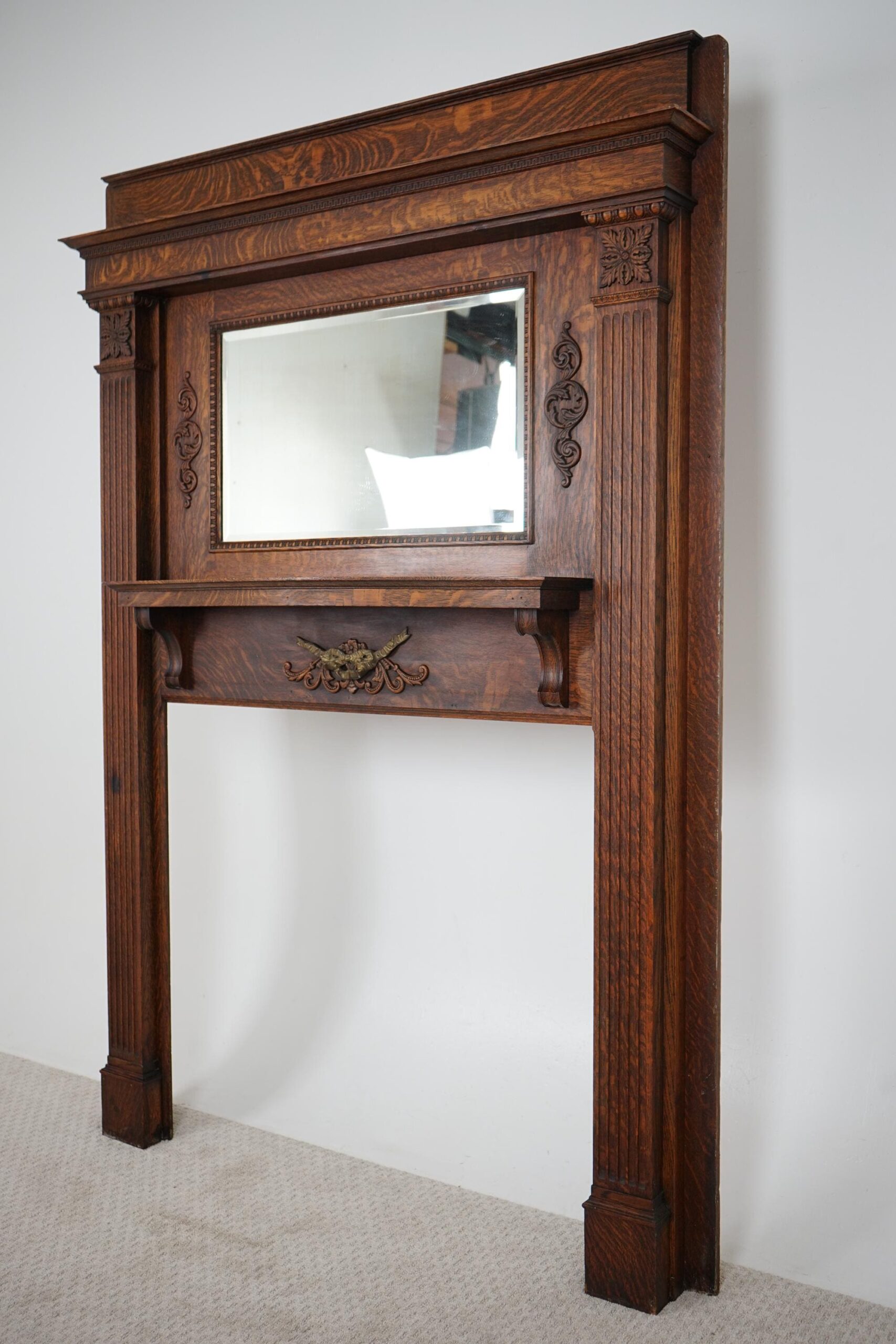 Large Antique Tiger Oak Fireplace Surround, Mantel Beveled Mirror Scotland 1920 F-1632 - Image 2
