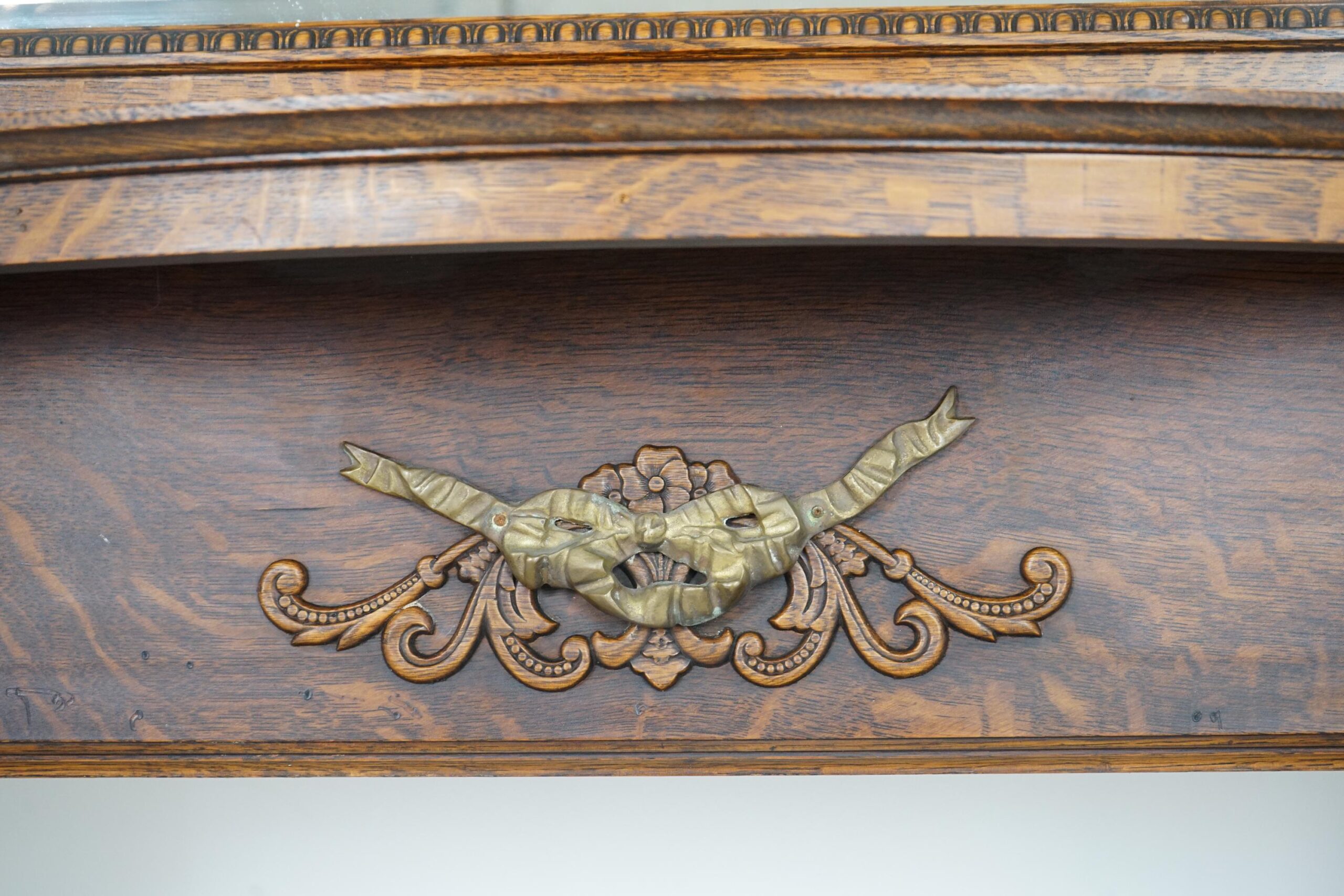 Large Antique Tiger Oak Fireplace Surround, Mantel Beveled Mirror Scotland 1920 F-1632 - Image 3