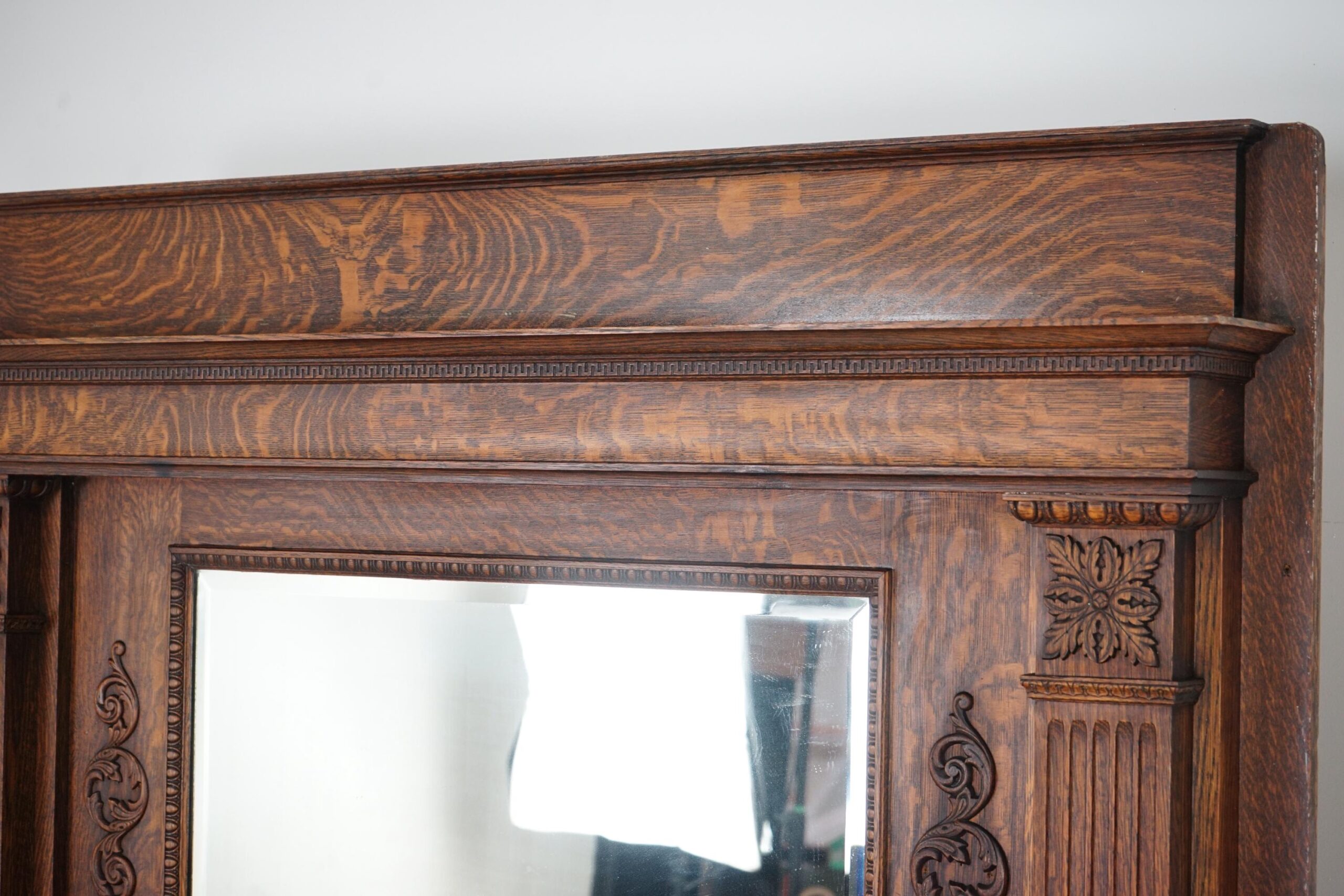 Large Antique Tiger Oak Fireplace Surround, Mantel Beveled Mirror Scotland 1920 F-1632 - Image 9
