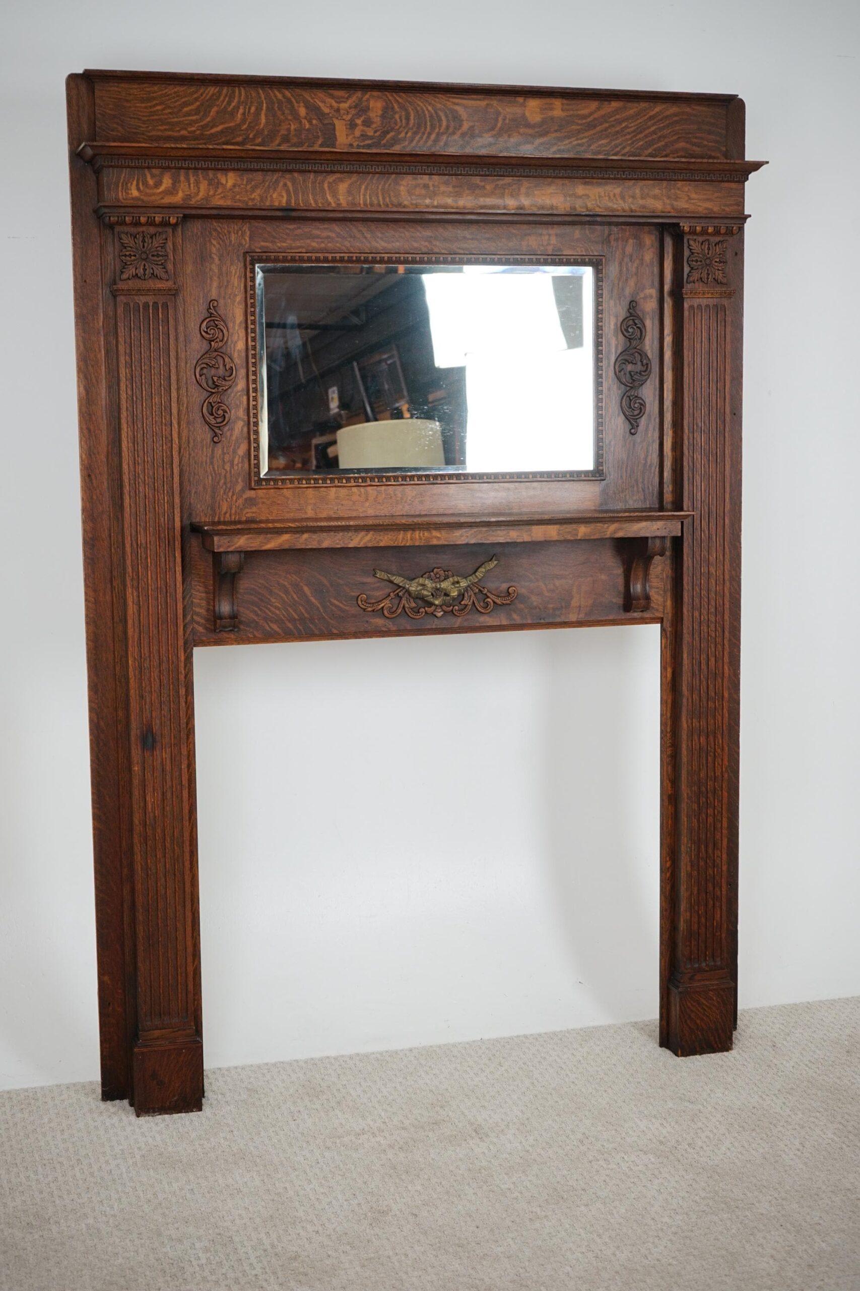 Large Antique Tiger Oak Fireplace Surround, Mantel Beveled Mirror Scotland 1920 F-1632 - Image 11
