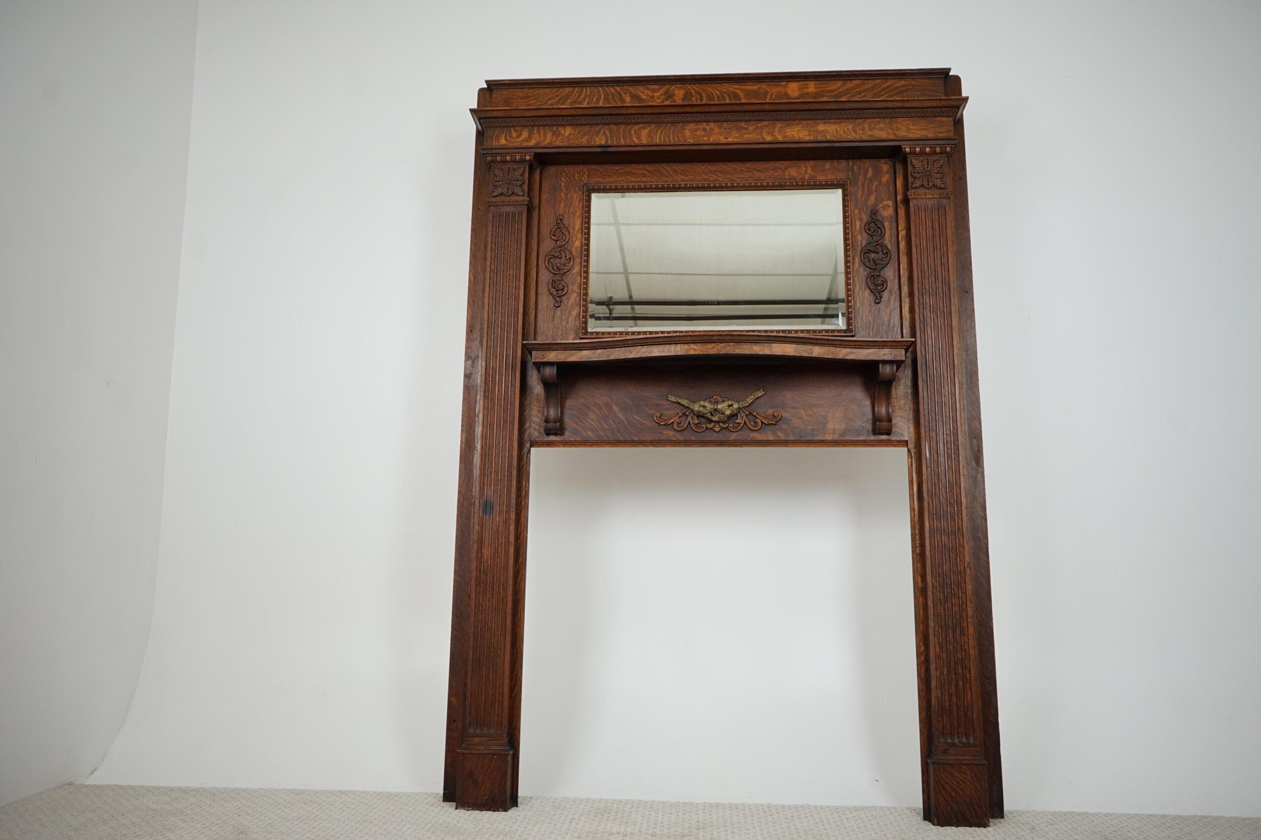 Large Antique Tiger Oak Fireplace Surround, Mantel Beveled Mirror Scotland 1920 F-1632 - Image 15
