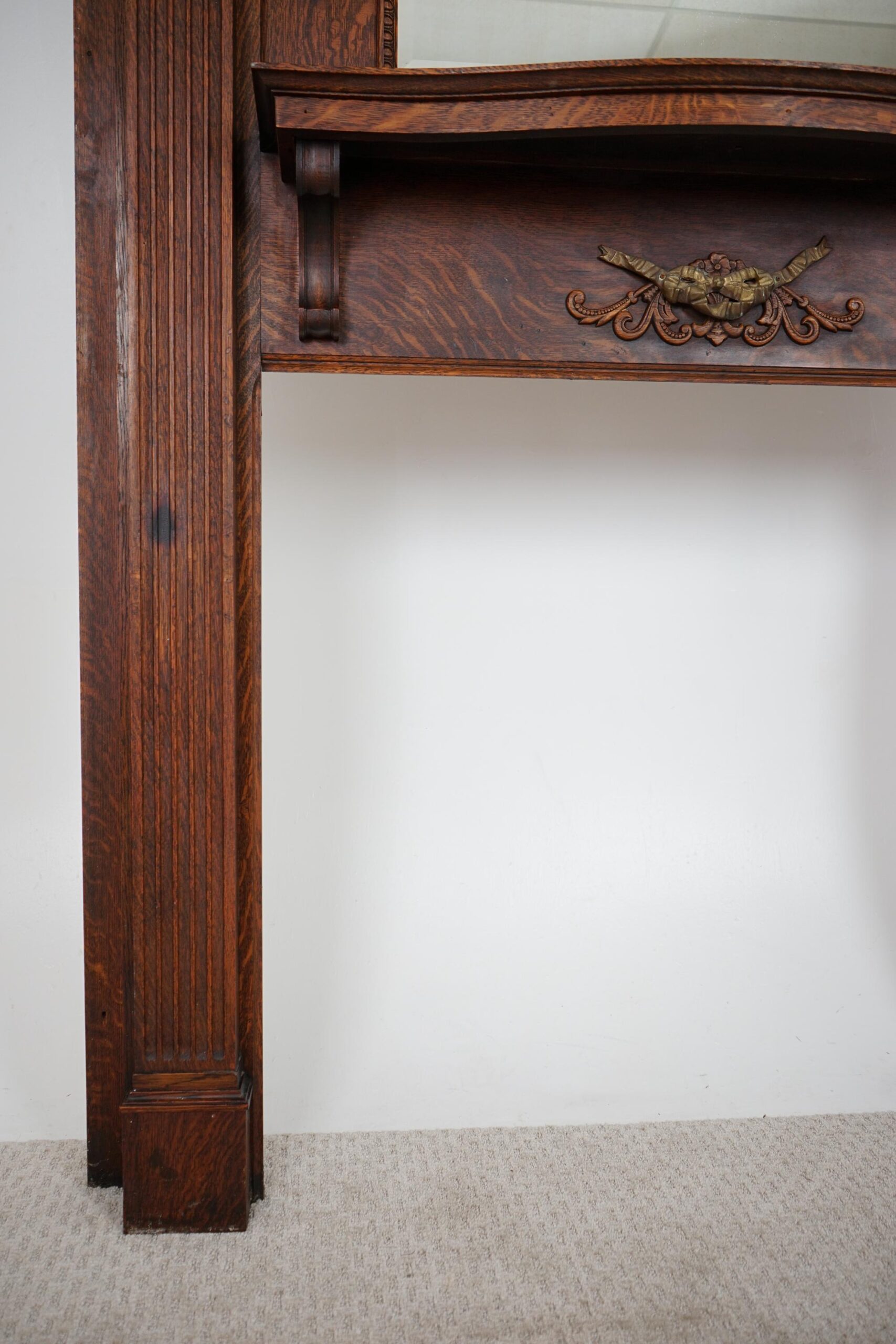 Large Antique Tiger Oak Fireplace Surround, Mantel Beveled Mirror Scotland 1920 F-1632 - Image 16