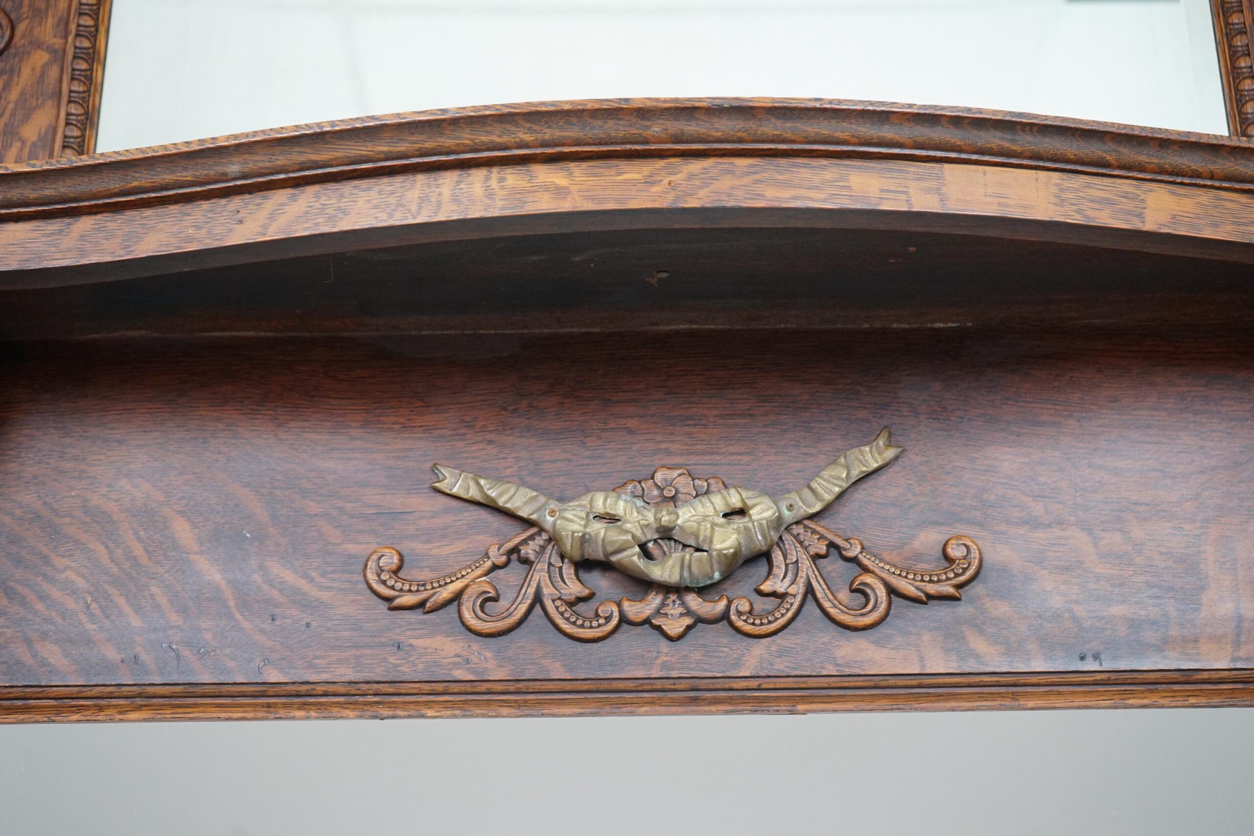 Large Antique Tiger Oak Fireplace Surround, Mantel Beveled Mirror Scotland 1920 F-1632 - Image 17