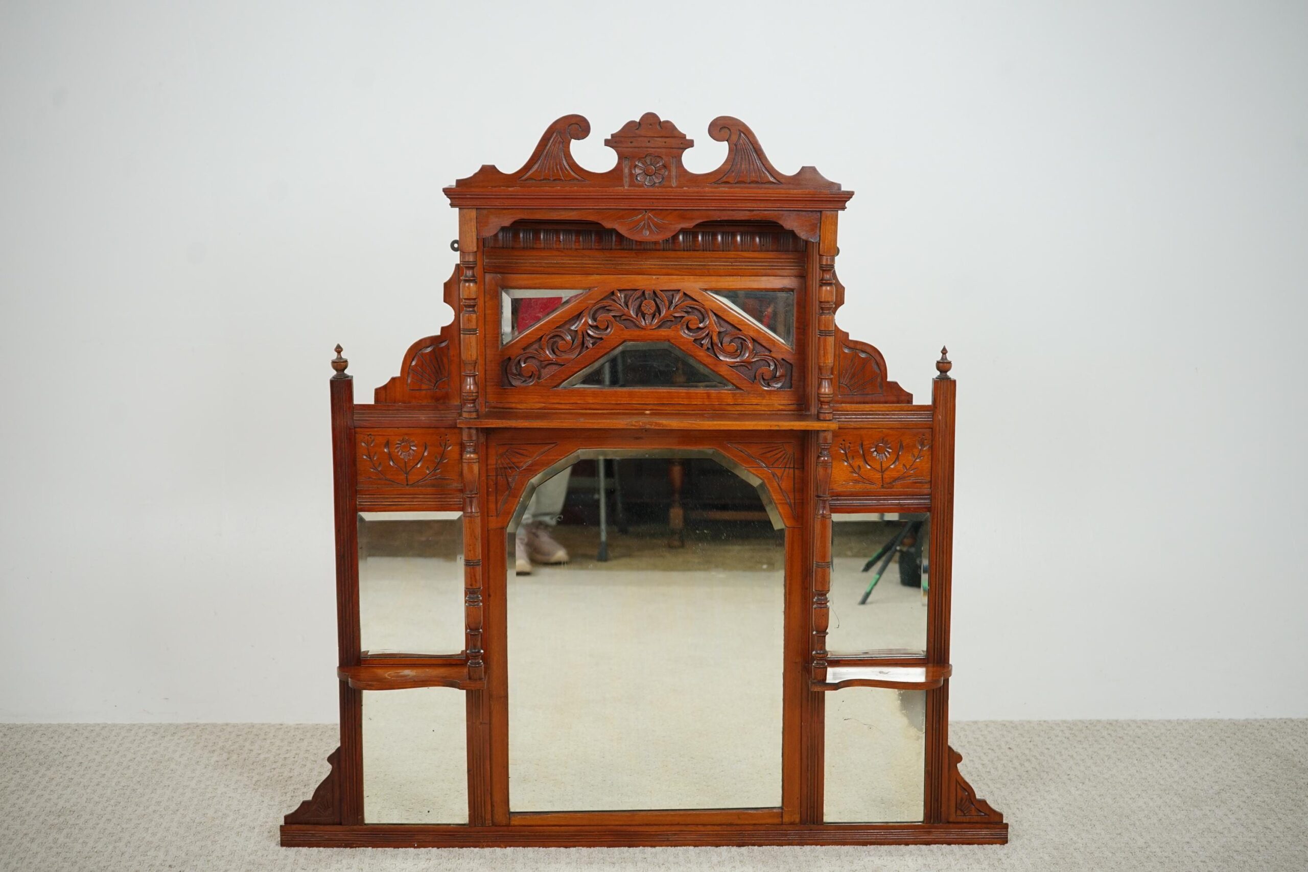 Victorian Carved Walnut Over Mantle Mirror/Shelves Scotland 1880 F-1616