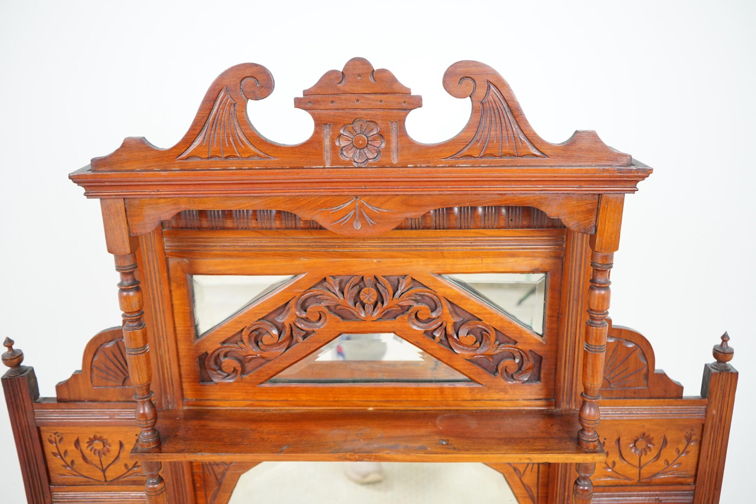 Victorian Carved Walnut Over Mantle Mirror/Shelves Scotland 1880 F-1616 - Image 2