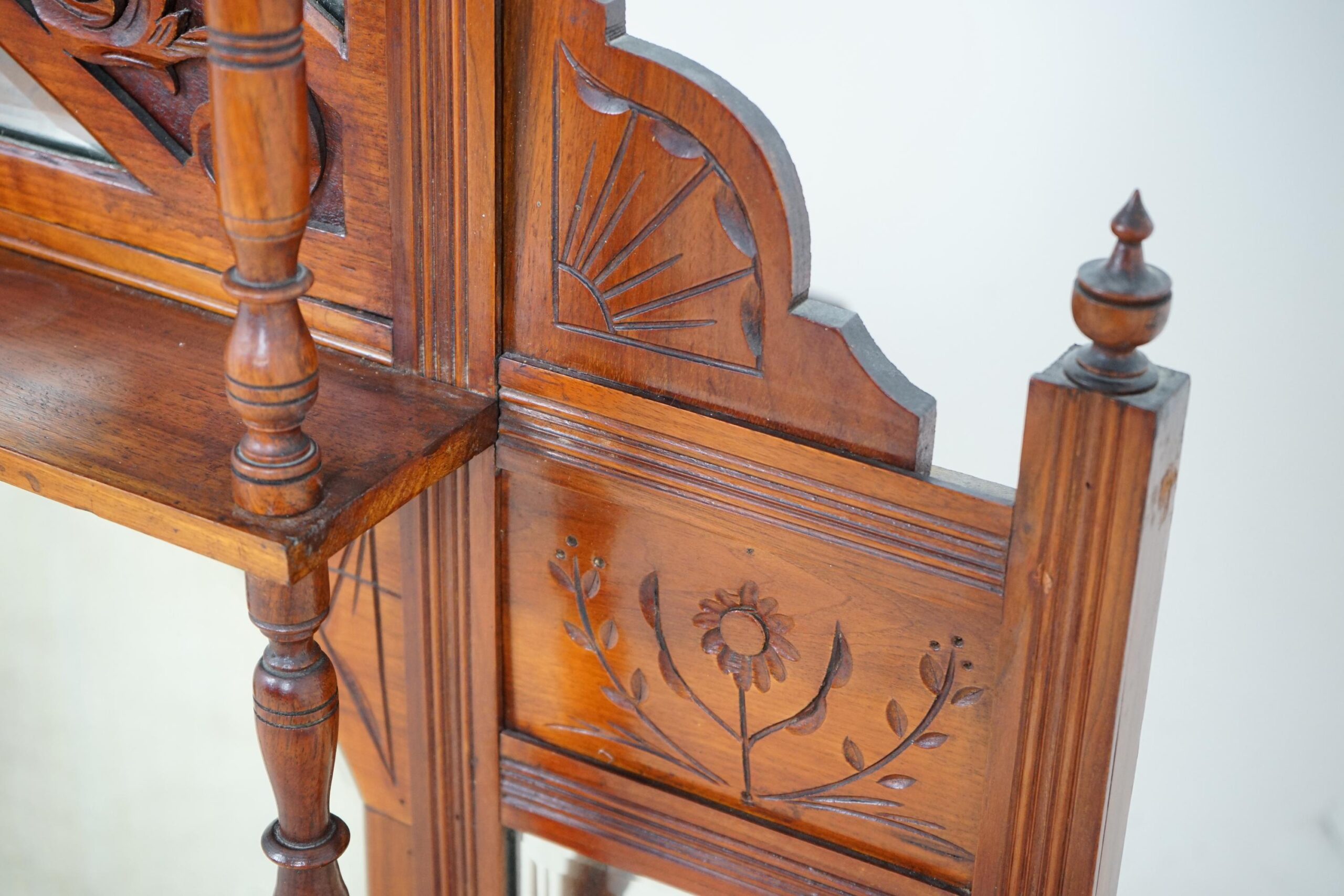 Victorian Carved Walnut Over Mantle Mirror/Shelves Scotland 1880 F-1616 - Image 5