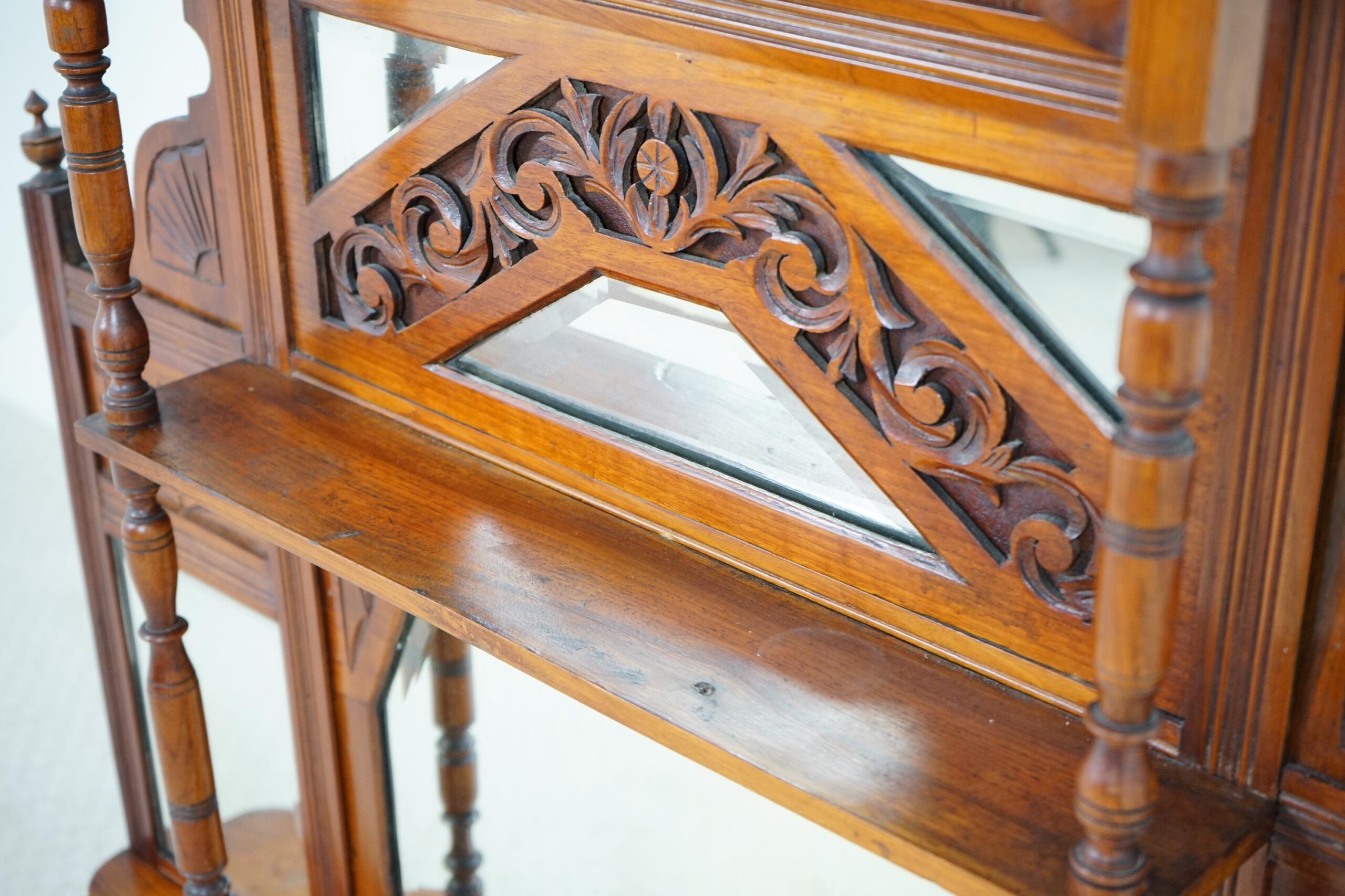 Victorian Carved Walnut Over Mantle Mirror/Shelves Scotland 1880 F-1616 - Image 4