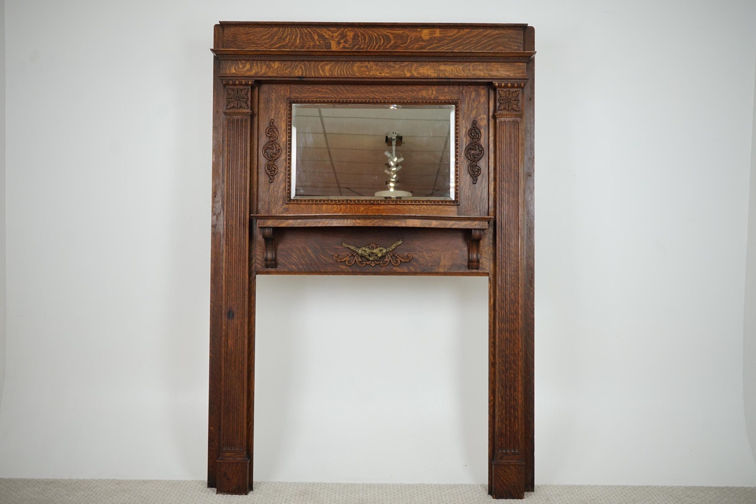 Large Antique Tiger Oak Fireplace Surround, Mantel Beveled Mirror Scotland 1920 F-1632