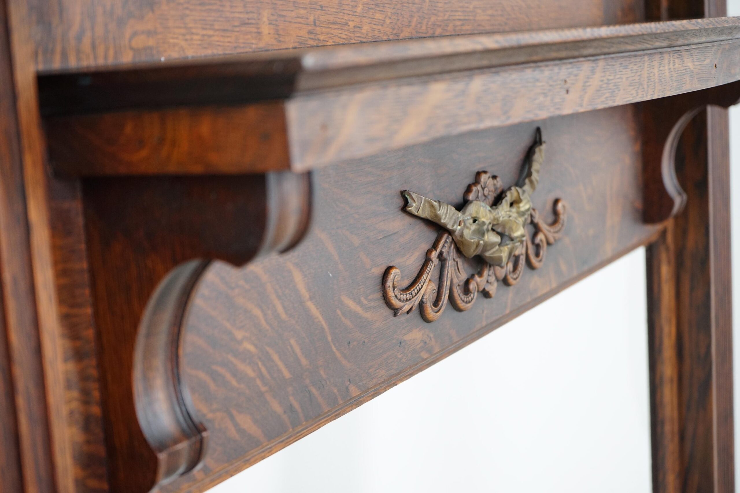 Large Antique Tiger Oak Fireplace Surround, Mantel Beveled Mirror Scotland 1920 F-1632 - Image 7