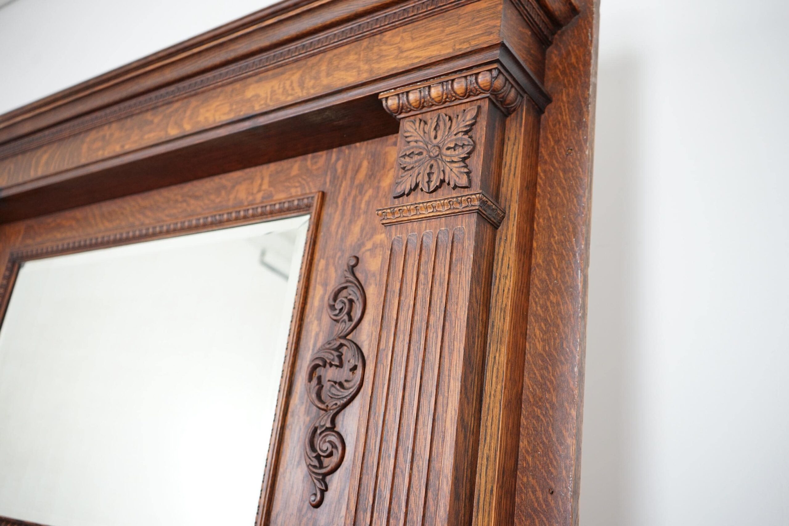Large Antique Tiger Oak Fireplace Surround, Mantel Beveled Mirror Scotland 1920 F-1632 - Image 4