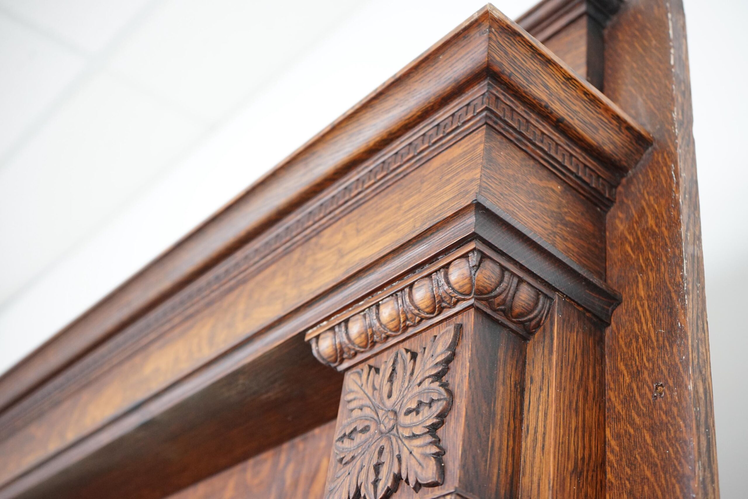 Large Antique Tiger Oak Fireplace Surround, Mantel Beveled Mirror Scotland 1920 F-1632 - Image 5