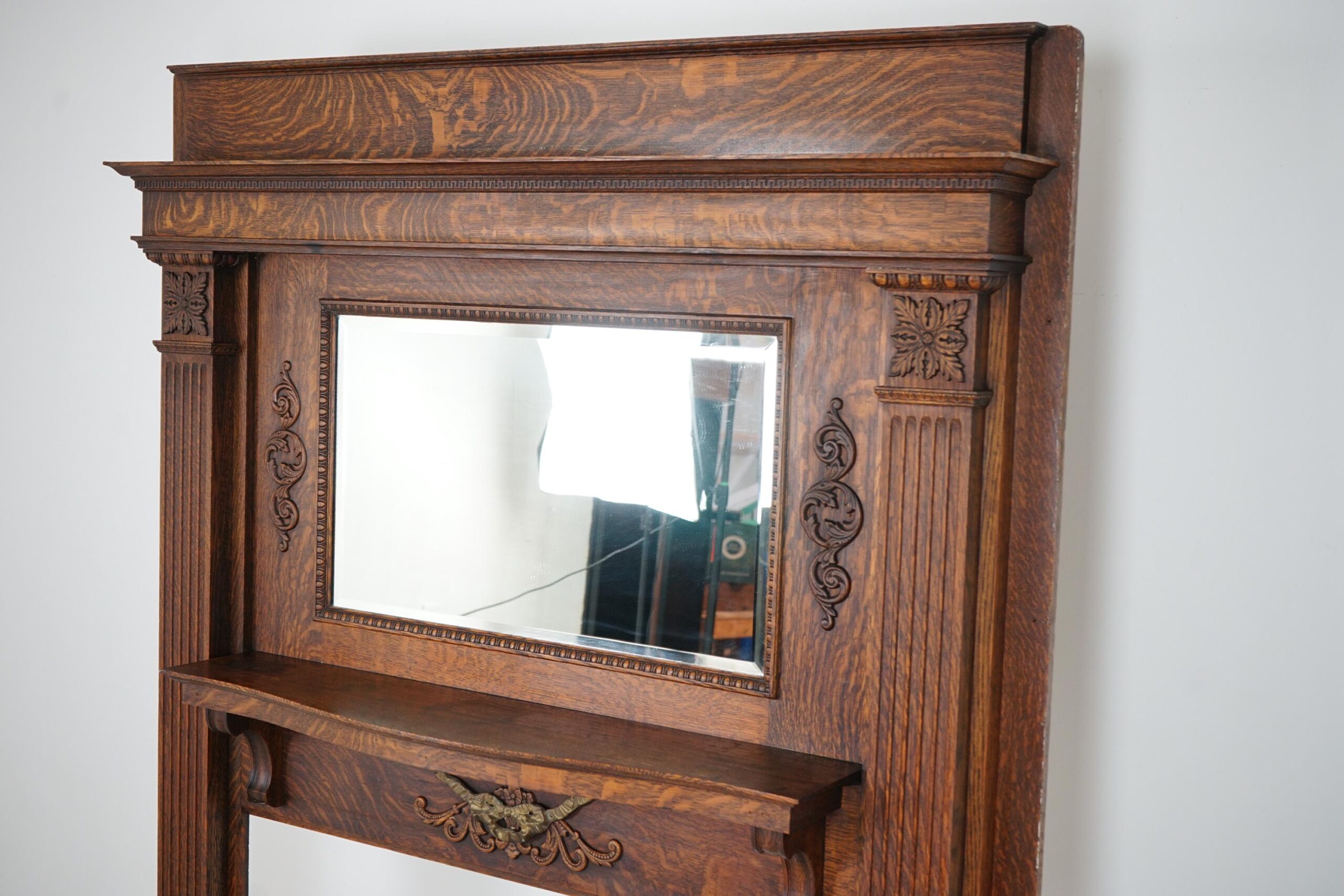 Large Antique Tiger Oak Fireplace Surround, Mantel Beveled Mirror Scotland 1920 F-1632 - Image 8