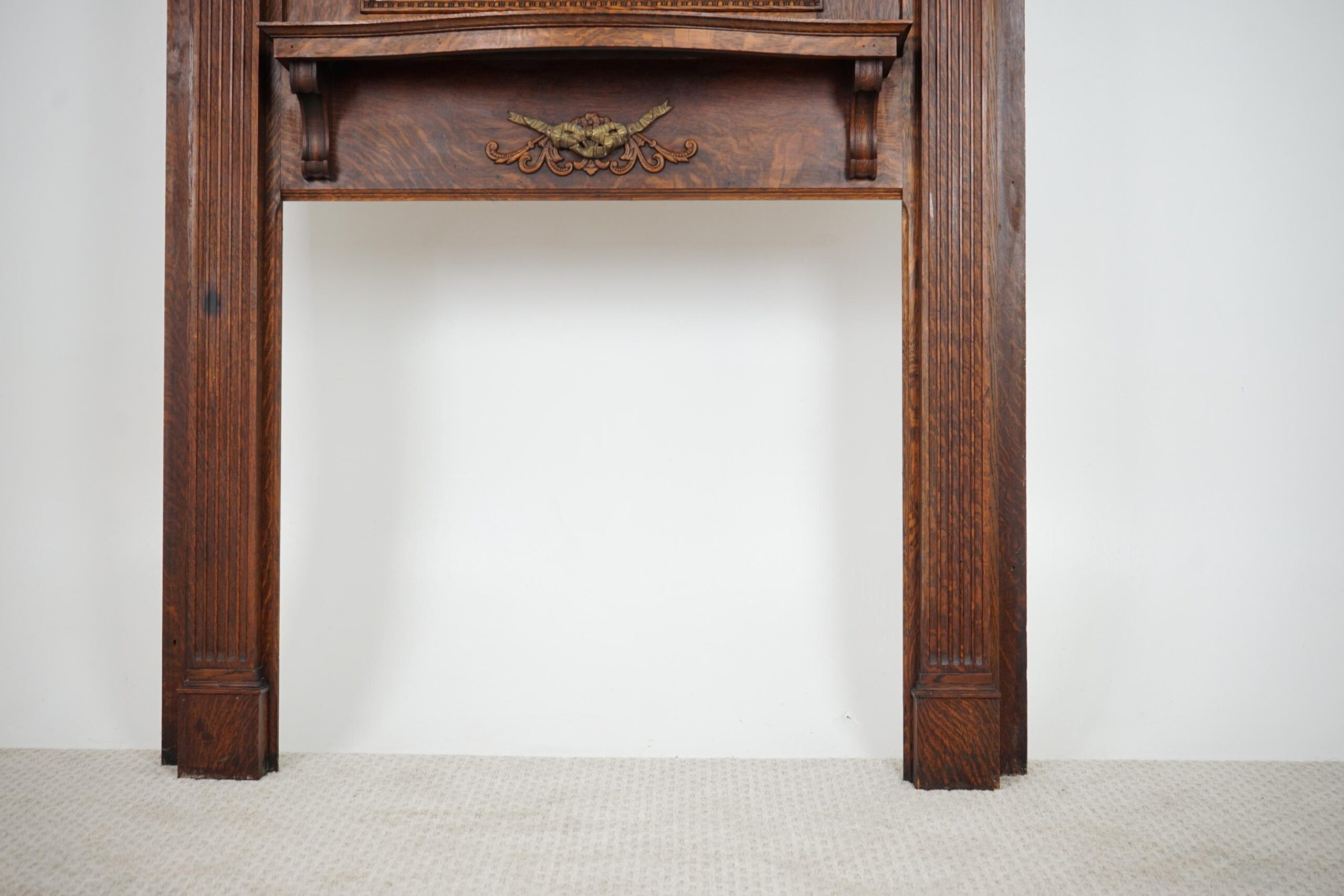 Large Antique Tiger Oak Fireplace Surround, Mantel Beveled Mirror Scotland 1920 F-1632 - Image 12