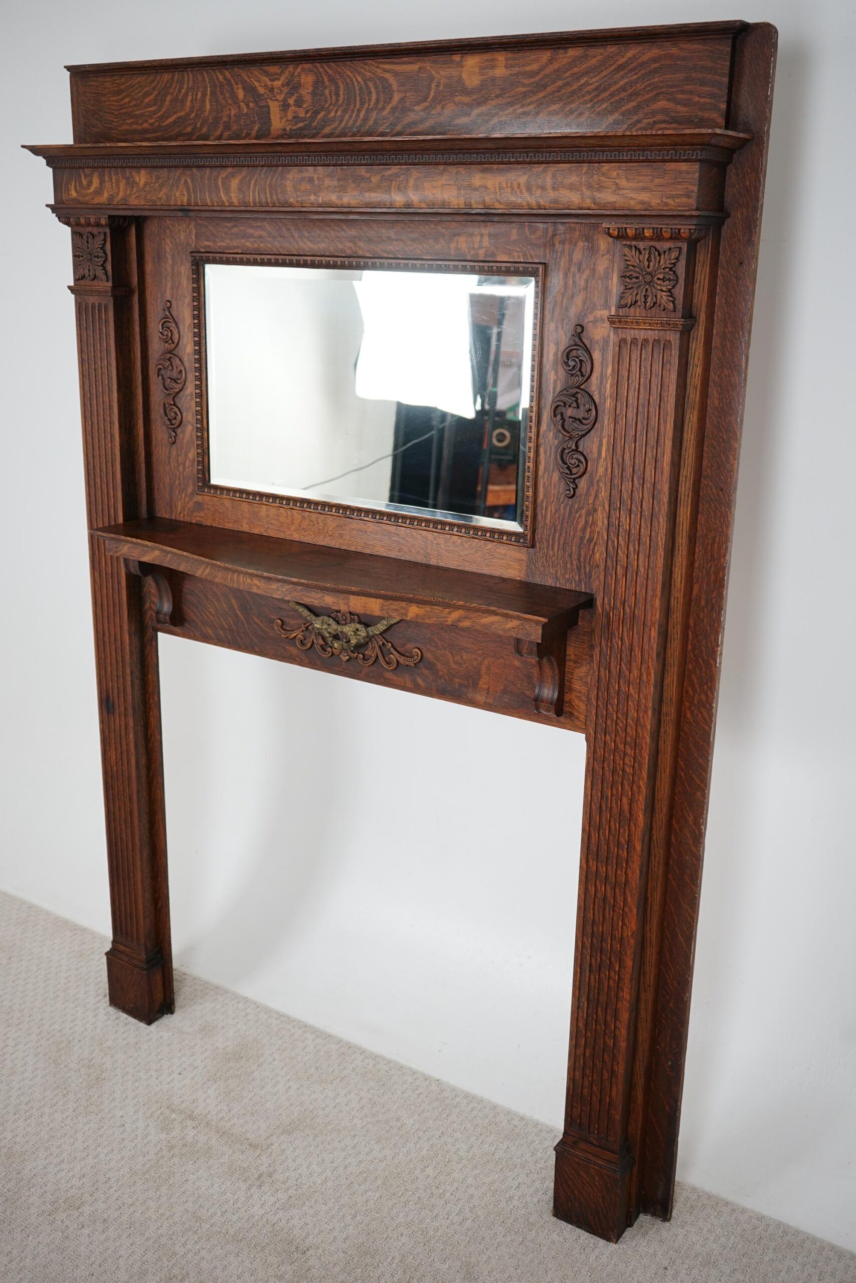 Large Antique Tiger Oak Fireplace Surround, Mantel Beveled Mirror Scotland 1920 F-1632 - Image 10