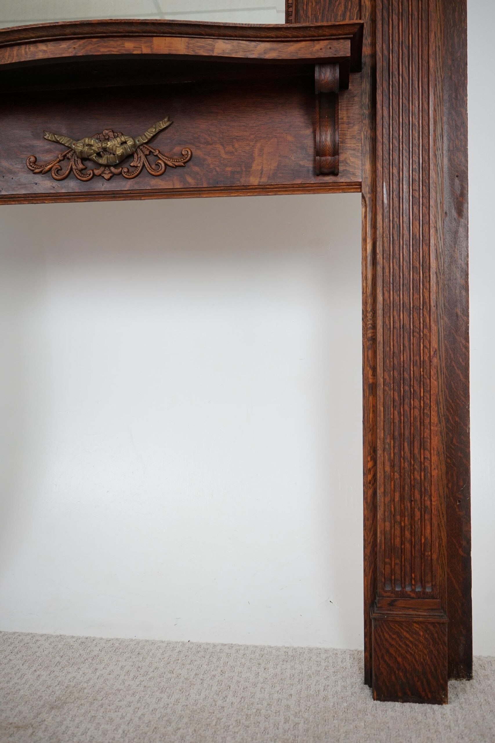 Large Antique Tiger Oak Fireplace Surround, Mantel Beveled Mirror Scotland 1920 F-1632 - Image 18