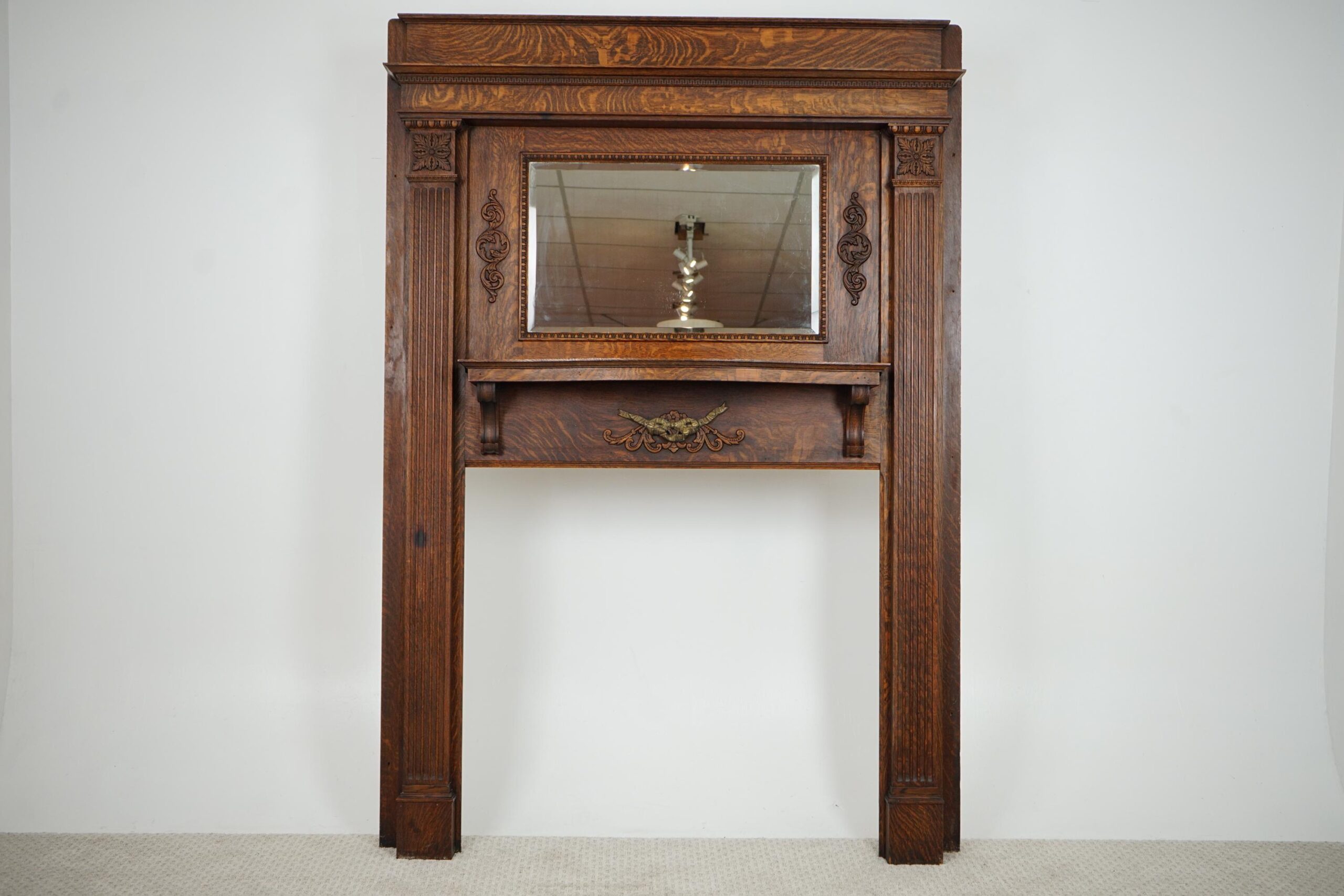 Large Antique Tiger Oak Fireplace Surround, Mantel Beveled Mirror Scotland 1920 F-1632 - Image 19