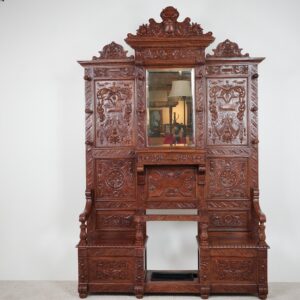 Magnificent Antique Victorian Carved Oak Flemish Hall Tree, Hat Stand, Coat Rack Bench  F-1618