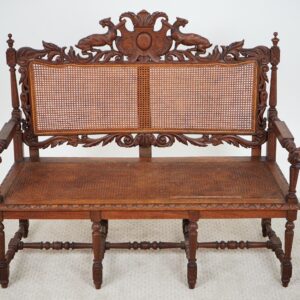 Jacobean Renaissance Carved Oak, High Back, Cane Back 3 Seater Settee , Hall Bench F-1623