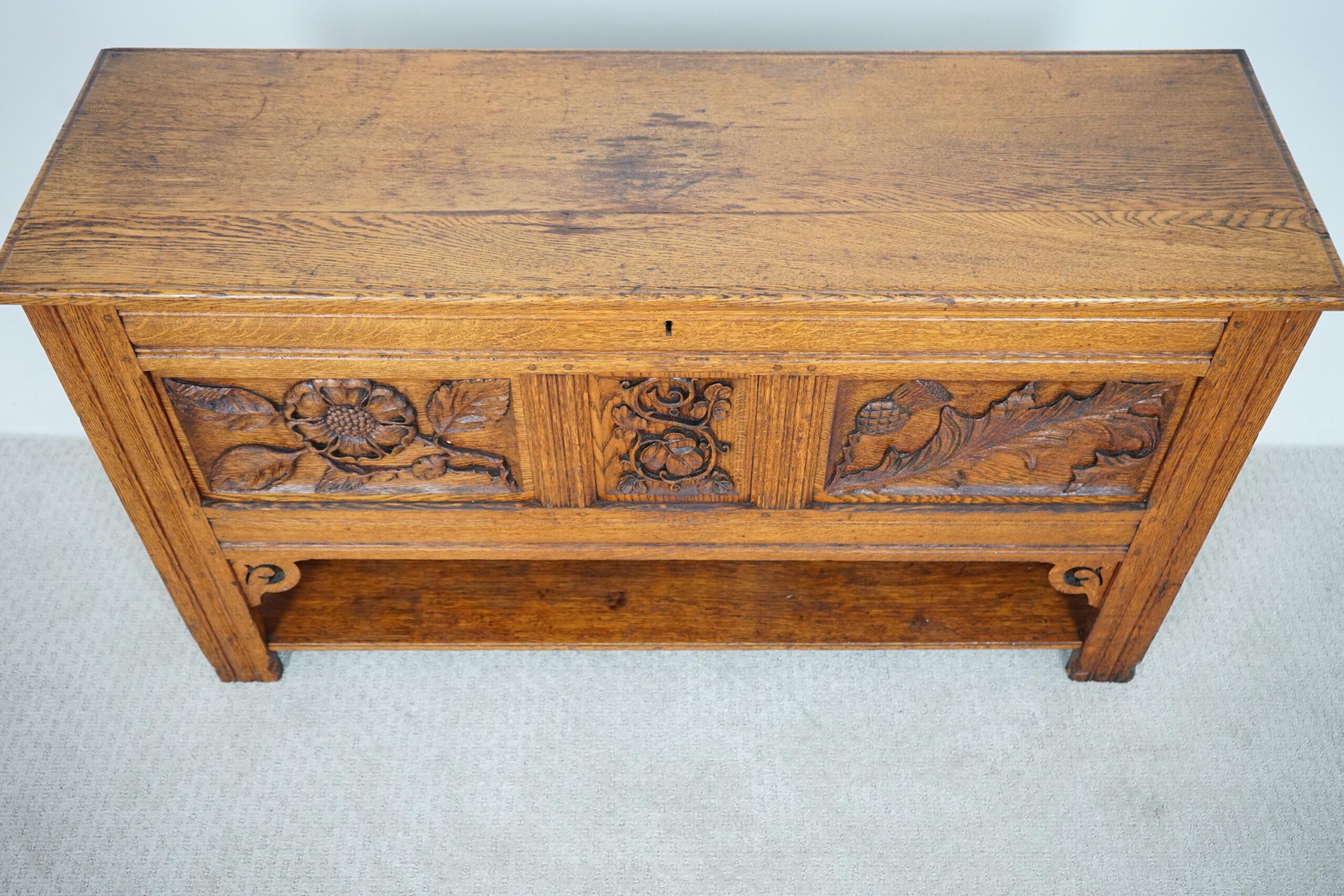 Antique Carved Oak Three Paneled Coffer, Trunk, Chest Scotland 1890 F-1642 - Image 5