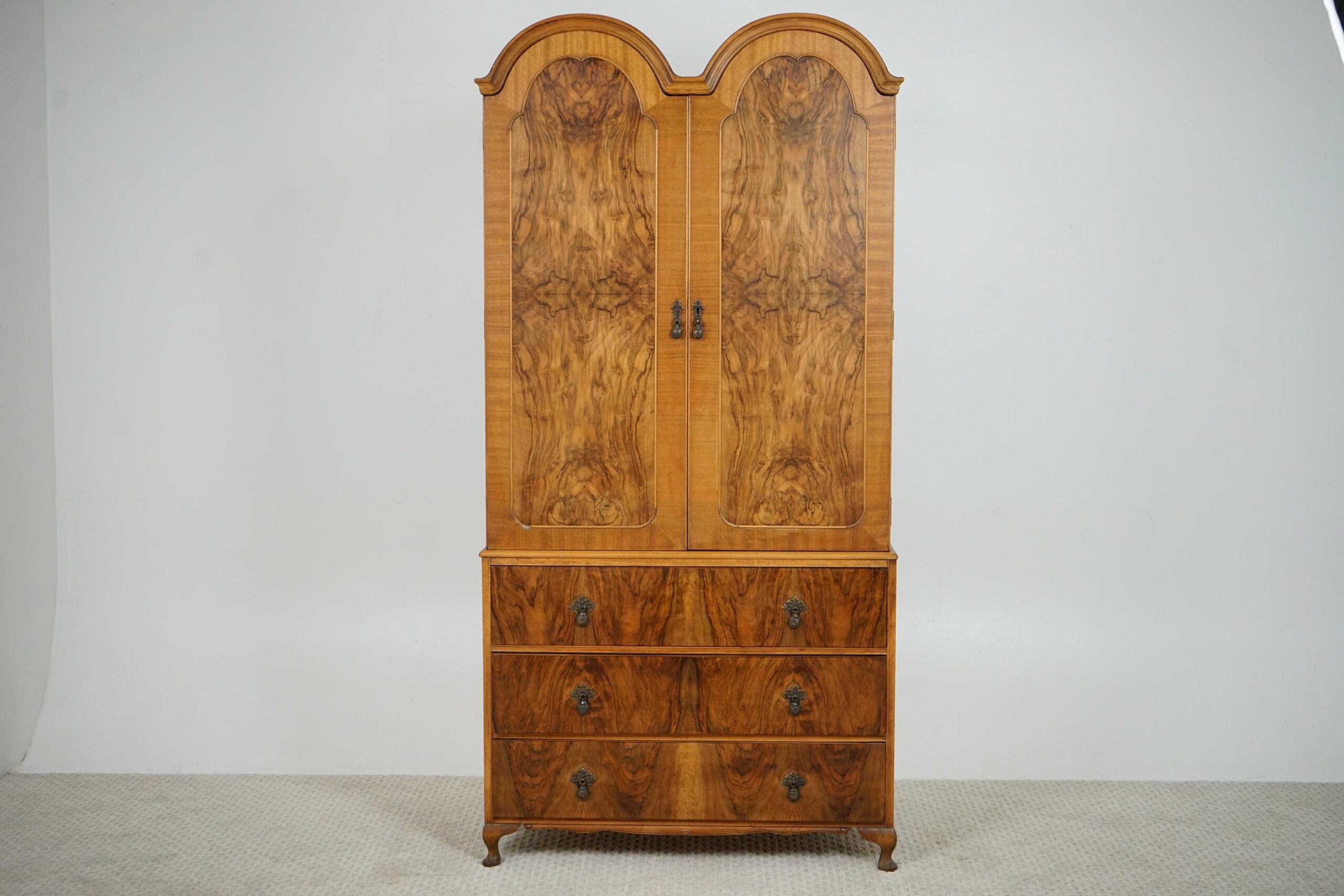 Vintage Art Deco Burr Walnut -Two Door Compactum Armoire Linen Press F-1643