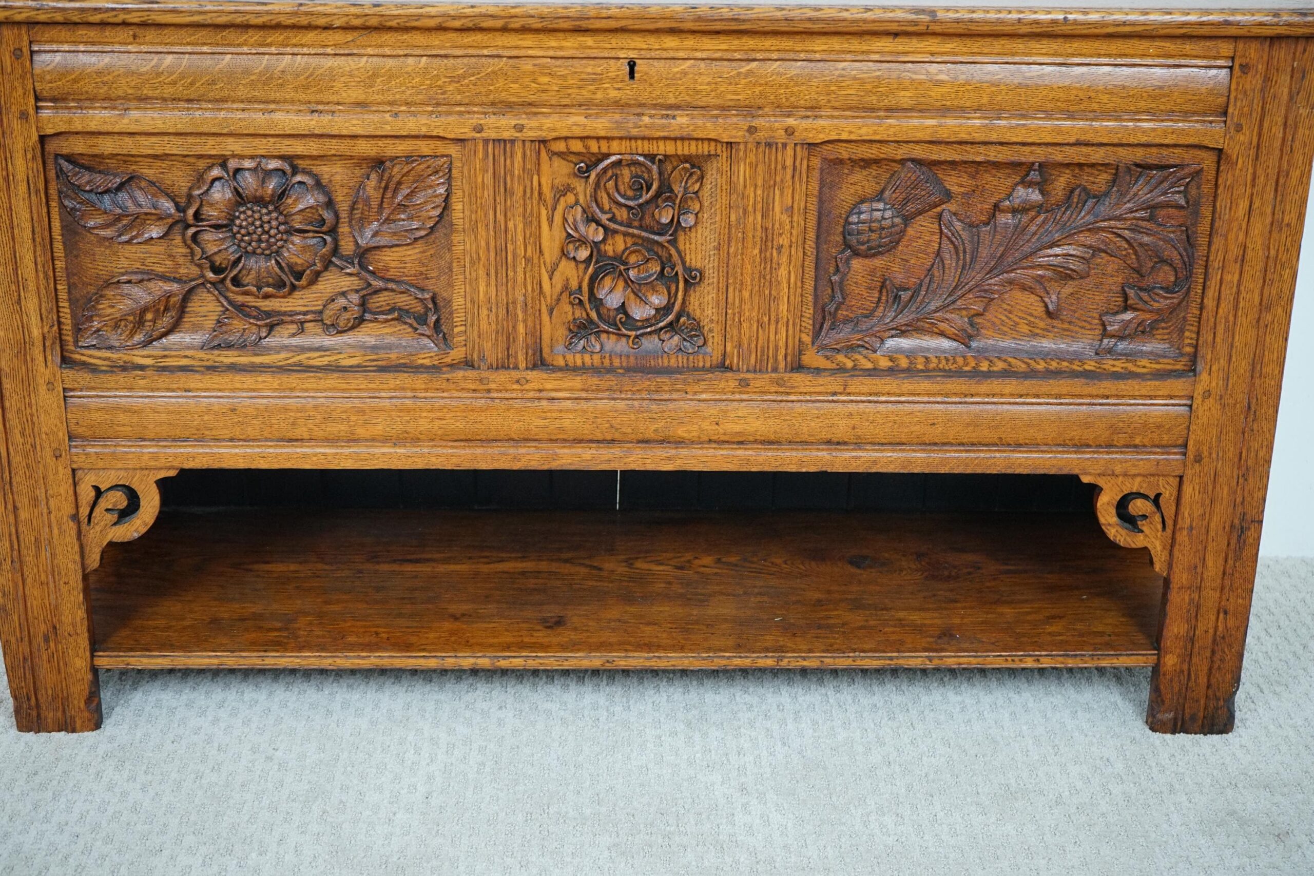 Antique Carved Oak Three Paneled Coffer, Trunk, Chest Scotland 1890 F-1642 - Image 4