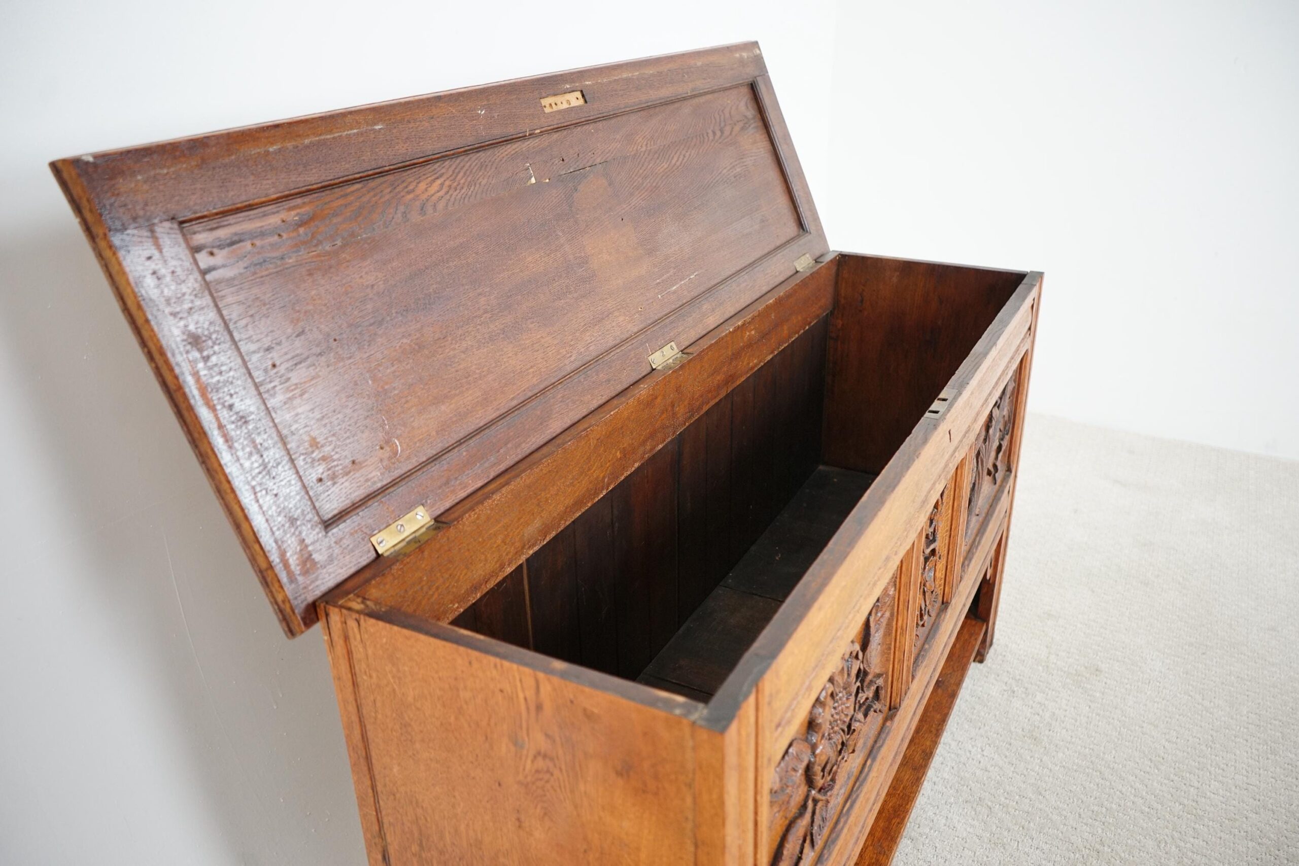 Antique Carved Oak Three Paneled Coffer, Trunk, Chest Scotland 1890 F-1642 - Image 3