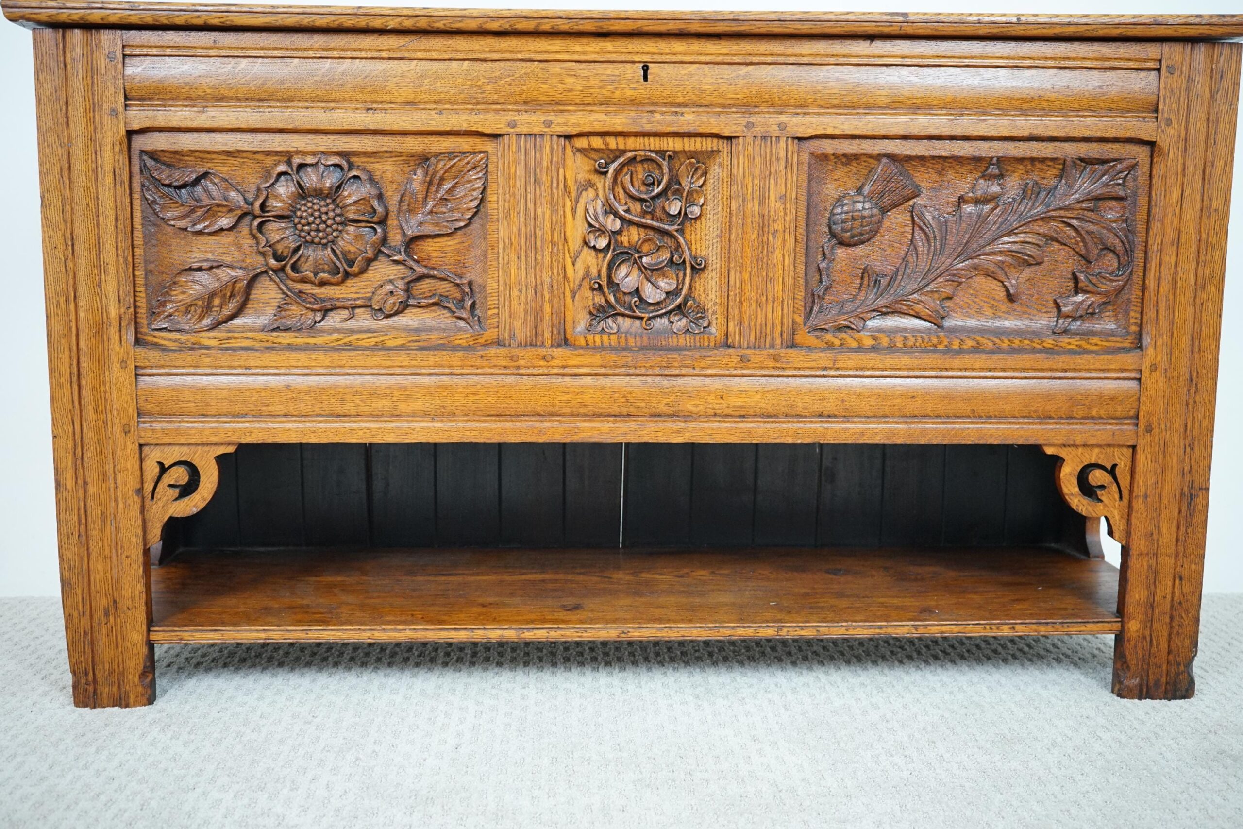 Antique Carved Oak Three Paneled Coffer, Trunk, Chest Scotland 1890 F-1642 - Image 10