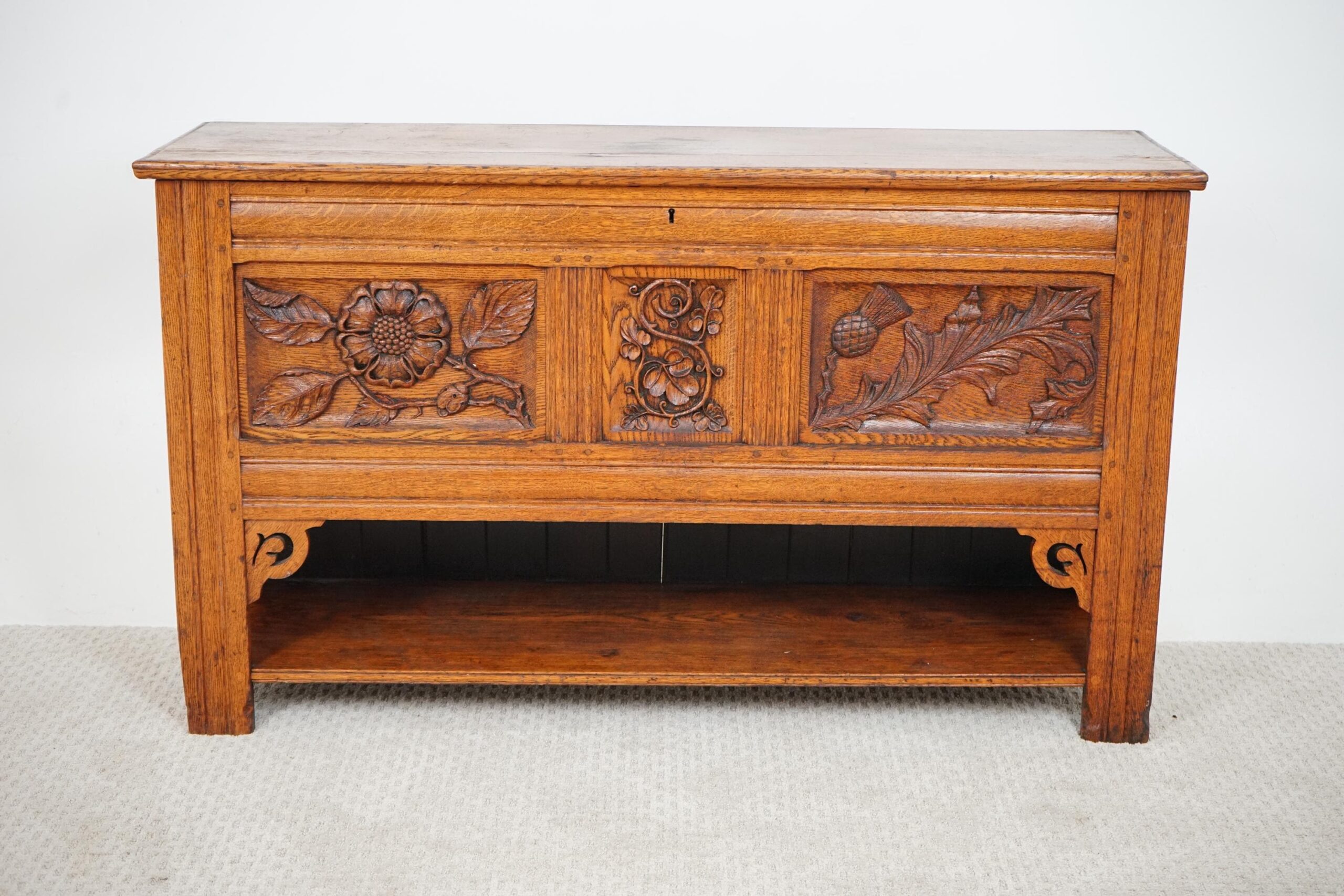 Antique Carved Oak Three Paneled Coffer, Trunk, Chest Scotland 1890 F-1642