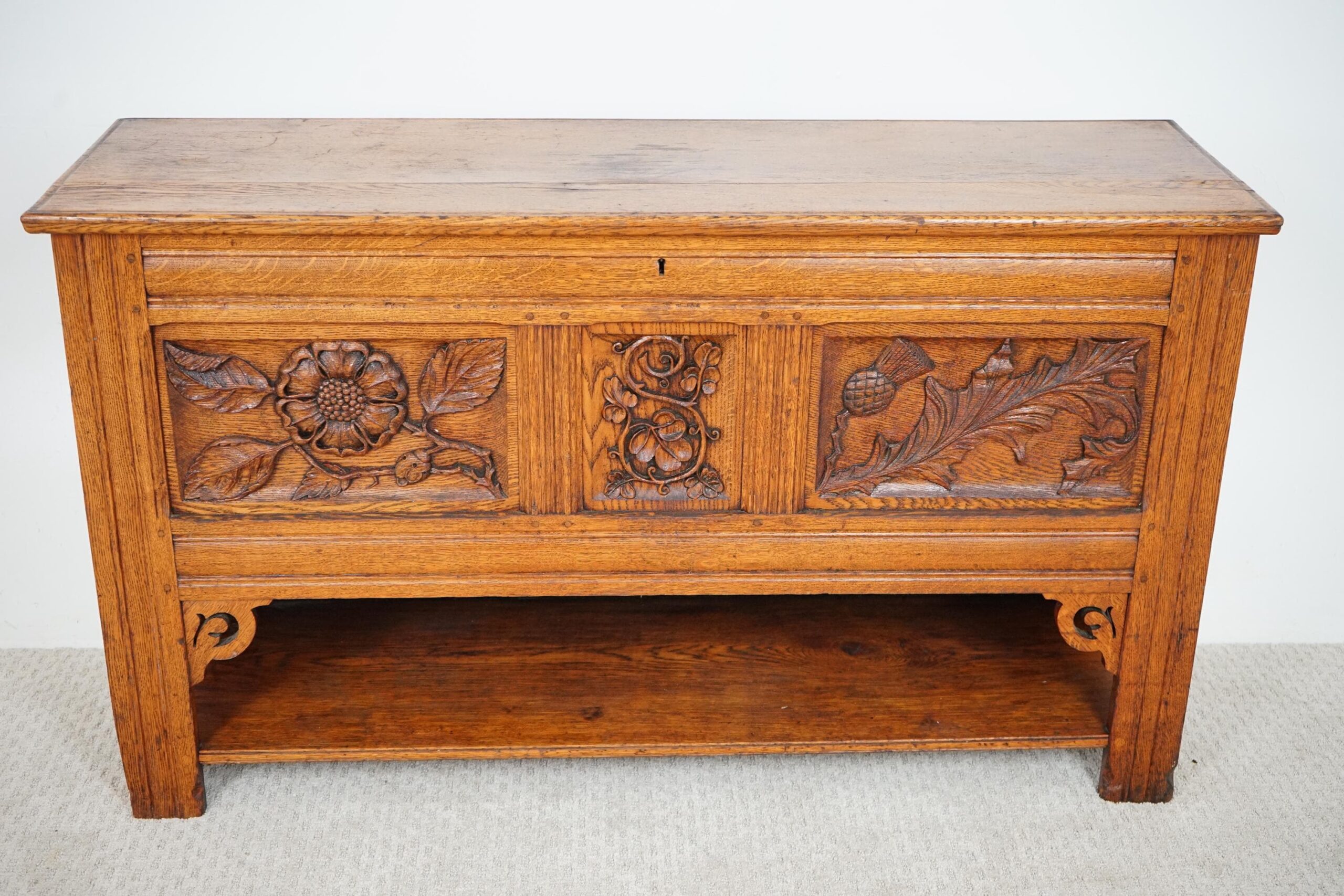 Antique Carved Oak Three Paneled Coffer, Trunk, Chest Scotland 1890 F-1642 - Image 2