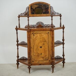 Antique Victorian Burr Walnut Inlaid Display "What Not" Side Cabinet F-1659