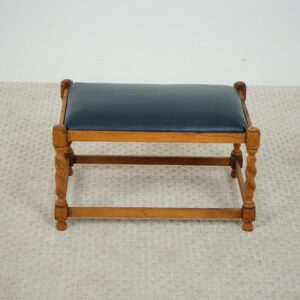 Vintage Oak Barley Twist bench Stool with Navy Vinyl Seat Scotland 1920 F-1637