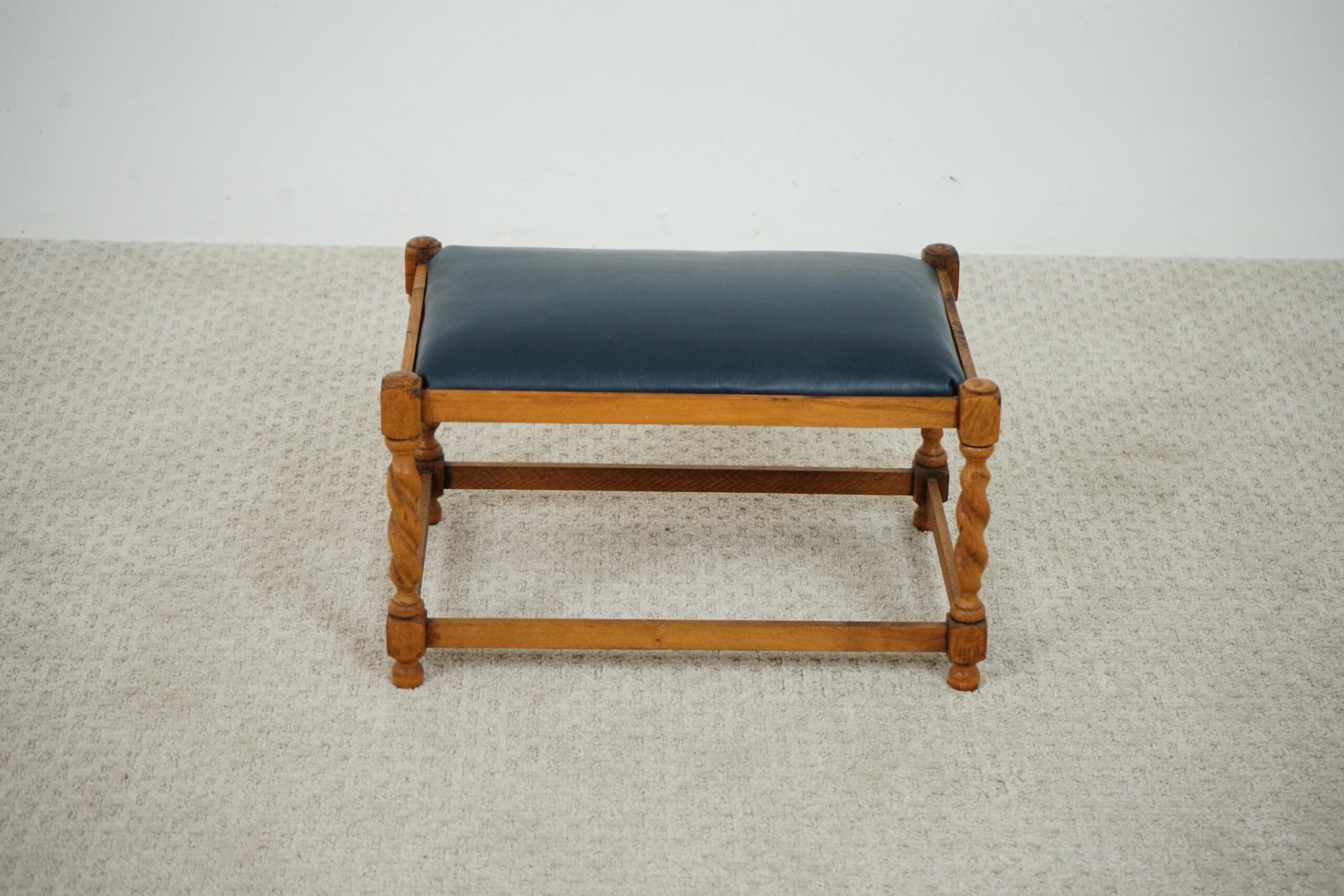 Vintage Oak Barley Twist bench Stool with Navy Vinyl Seat Scotland 1920 F-1637