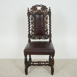 Antique Carved Oak Leather Upholstered Hall, Desk Chair -Scotland 1880  F1664